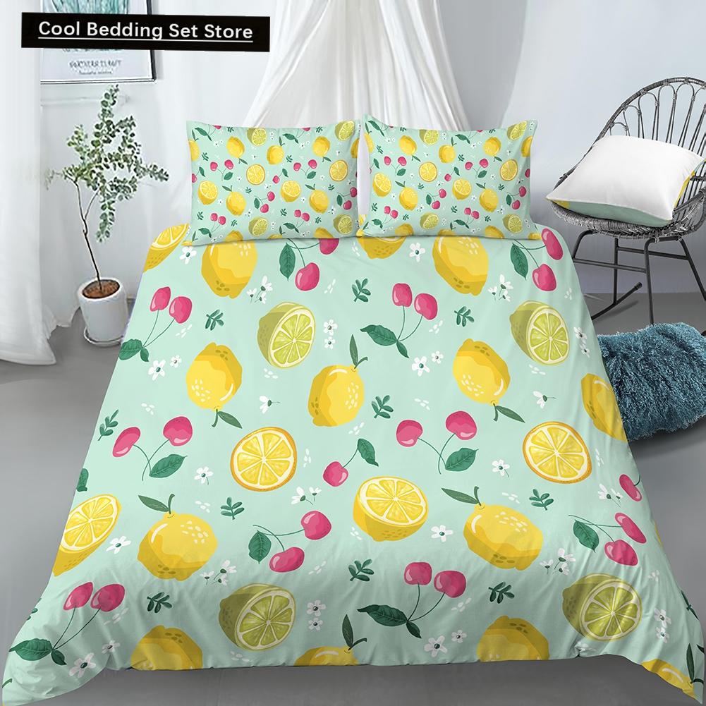 Постельный комплект с принтом лимонов Желто-зеленый Фруктовая тематика Розовый Пододеяльник Размер Кинг/Евро Милый Мультяшный 2/3 шт. Полиэстеровый Чехол для одеяла