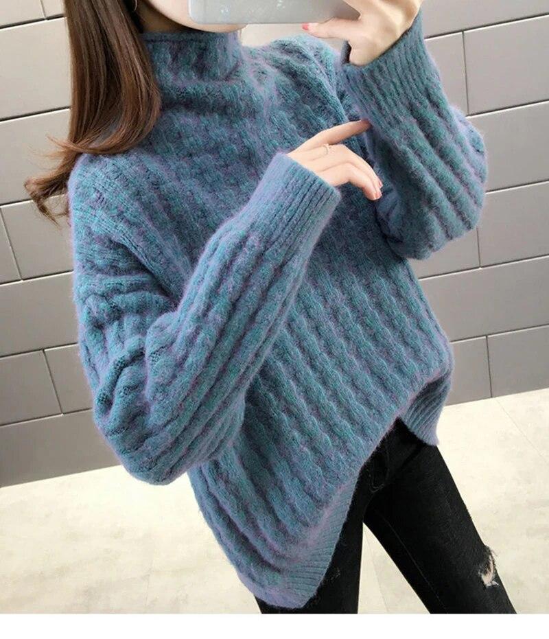 Женский свитер с высоким воротником, утепленный теплый осенне-зимний свободный пуловер, женский джемпер большого размера в фиолетовую вязаную полоску