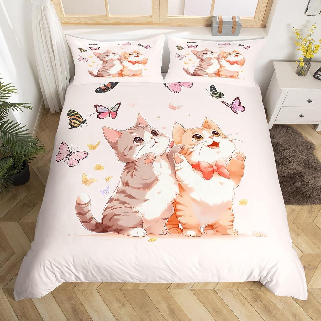 Kawaii Cat Duvet Cover Pink Bowknot Kitten Bedding Set Sweet Pet Animal Comforter Cover Princess Bow Girly Polyester Quilt Cover