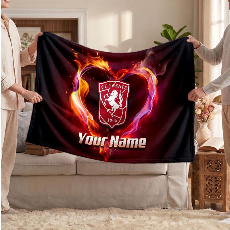 FC Twente Personalized Fleece Blanket With Football Logo, Custom Name Text Soft Warm Home Throw Blanket