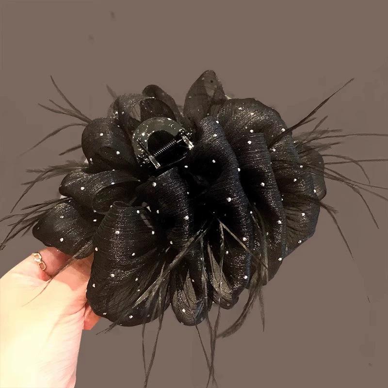 Large Summer Lace Edge Bow Claw Clip Hair Accessory for Women - Multi-Layer Feather Design