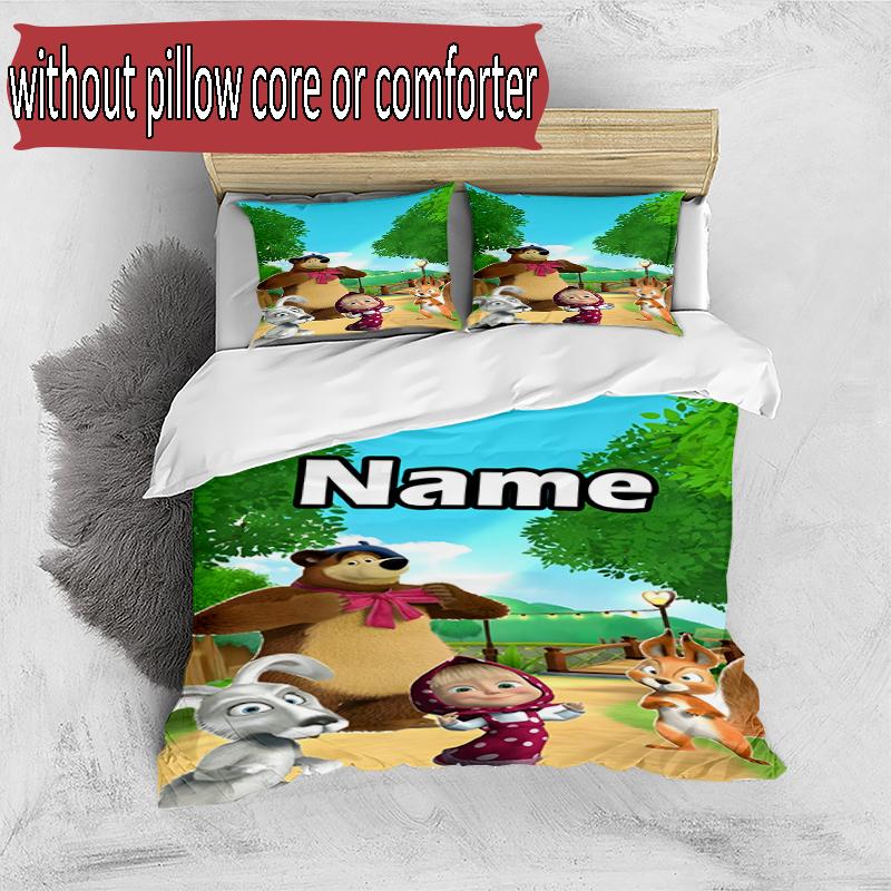 3pcs Duvet Cover Set (1*Duvet Cover + 2*Pillowcase, Without Core), Custom Name Masha and The Bear Pattern Bedding Set, Home Bedroom Decor Gift