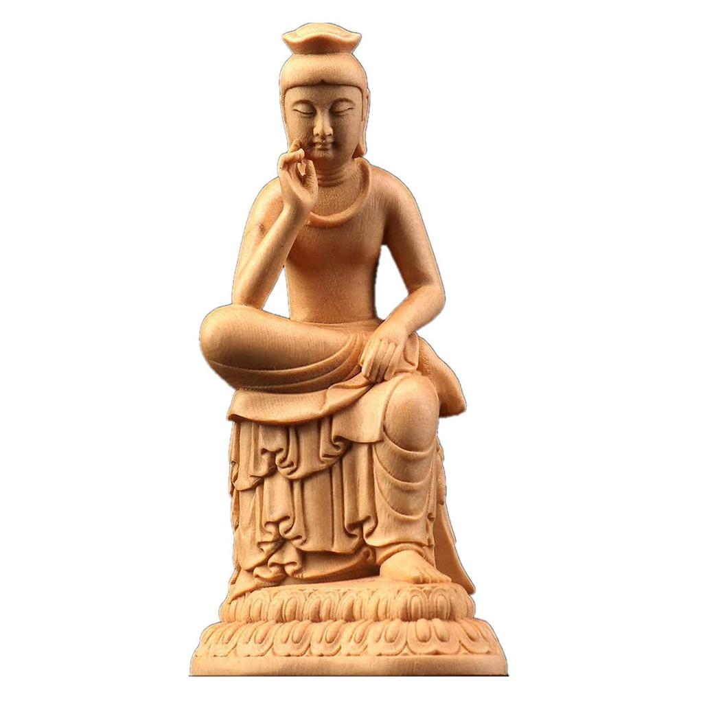 Maitreya Bodhisattva Figurine, Carved from Cypress Wood, Natural Wood Color, Half-Legated Pensive Buddha Statue (Size: 12cm)