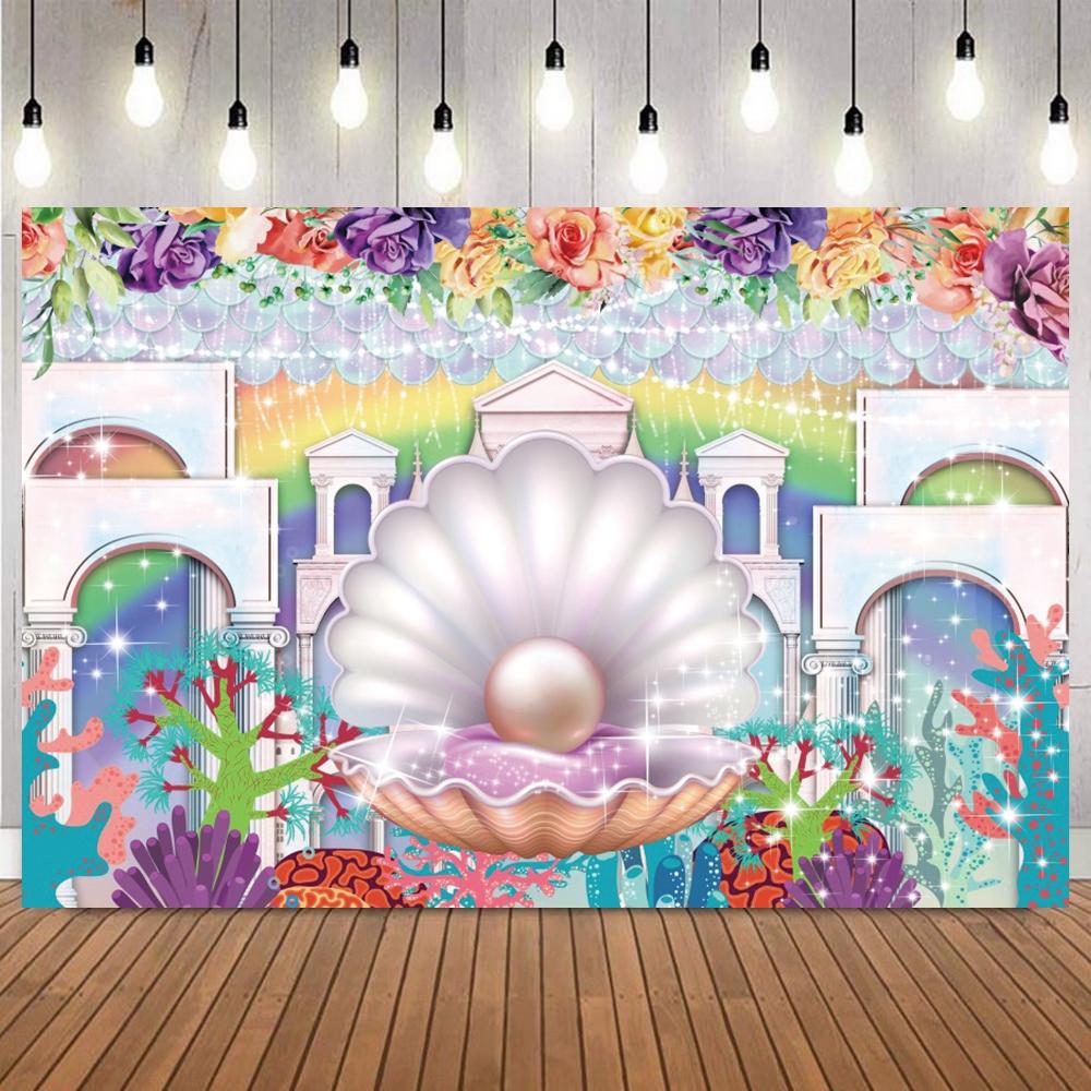 Magical Mermaid And Castle Photo Backdrop Shell Pearl Underwater Elements Photography Background For Birthday Baby Shower Party5