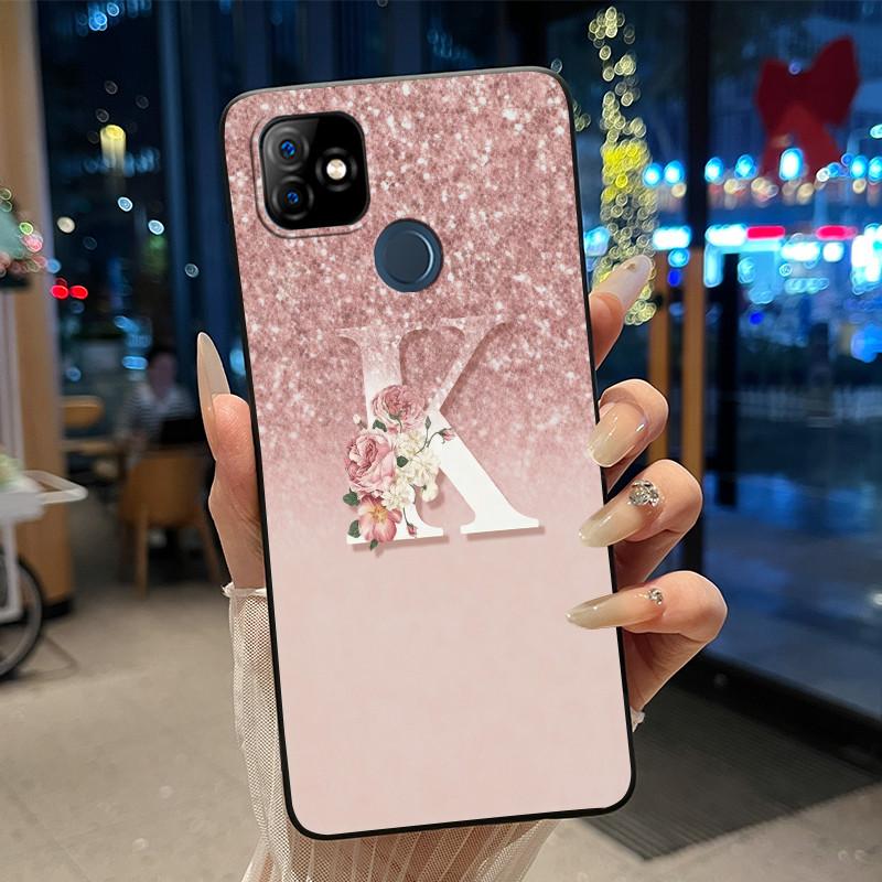 Phone Case For Itel P36 Play/Vision 1 Couple Soft Silicone Anti-scratch Black Shell Elegant Simple Letter Flower Pattern Casing