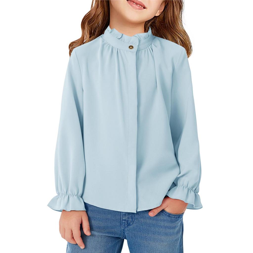 Девичья блузка с оборками - Однотонная рубашка со стойкой