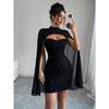 Женское мини-платье bodycon с вырезами на рукавах-кейпах, высоким воротником, в рубчик, с блестками, полупрозрачная сетка, для вечеринки, клуба