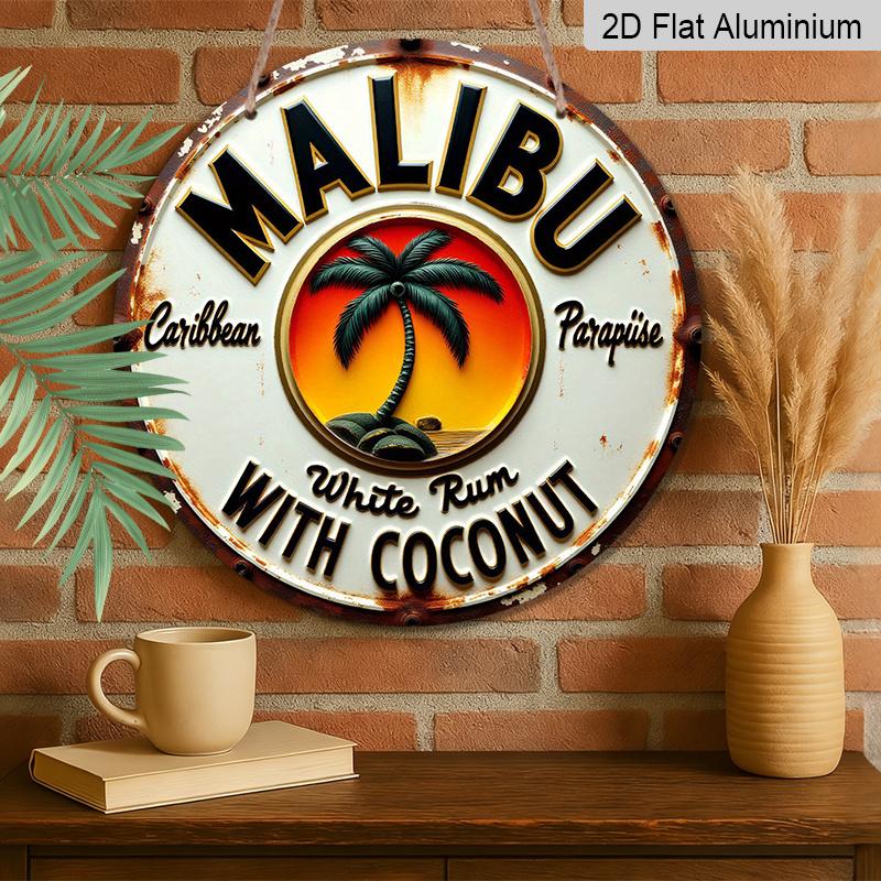 [Tropical Rum Sign]2D Flat, 1pc Tropical Caribbean Rum & Coconut Metal Wall Sign - Round Durable Aluminum Beach Art with Palm Trees & Parrot for Bar