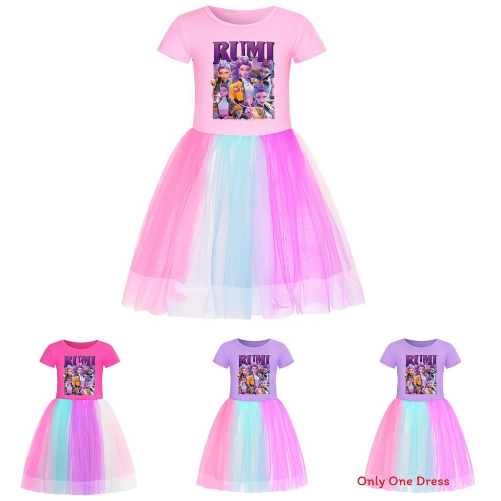 Kpop Demon Hunters Girl Cotton Rainbow Lace Dress For Girls Ages 3 To 8