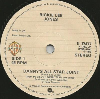 7-дюймовая пластинка RICKIE LEE JONES Dannys AllStar Joint K17477 Warner Bros. Re 1979 UK Jazz Б/У