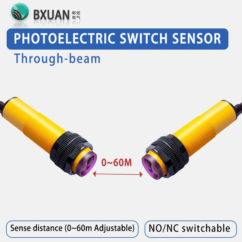 Through beam photoelectric switch sensor E3F NPN PNP DC12-24V AC90~250V detection distance 60m adjustable NO/NC