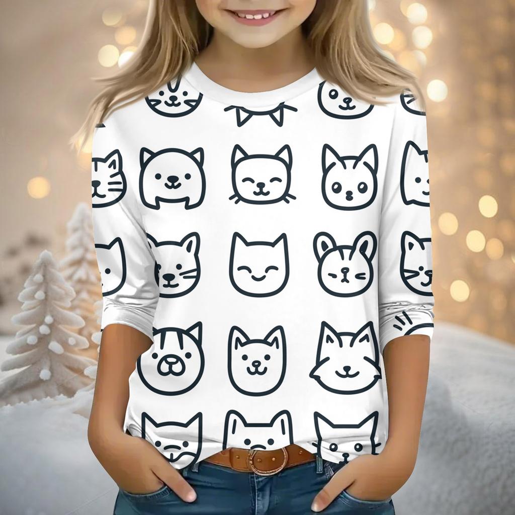 Детские топы с рукавами 3/4, футболка с принтом, круглый вырез, пуловер, блузка, детские раскрашенные вручную цветные топы