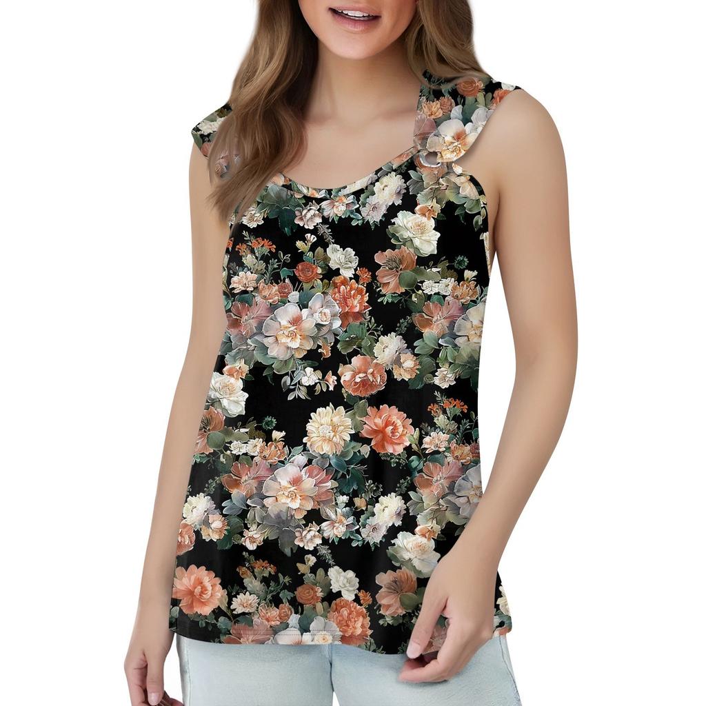 Womens Tank Top V Neck Basic Printed Casual Flowy Sleeveless Deep Side Cut Tops For Women