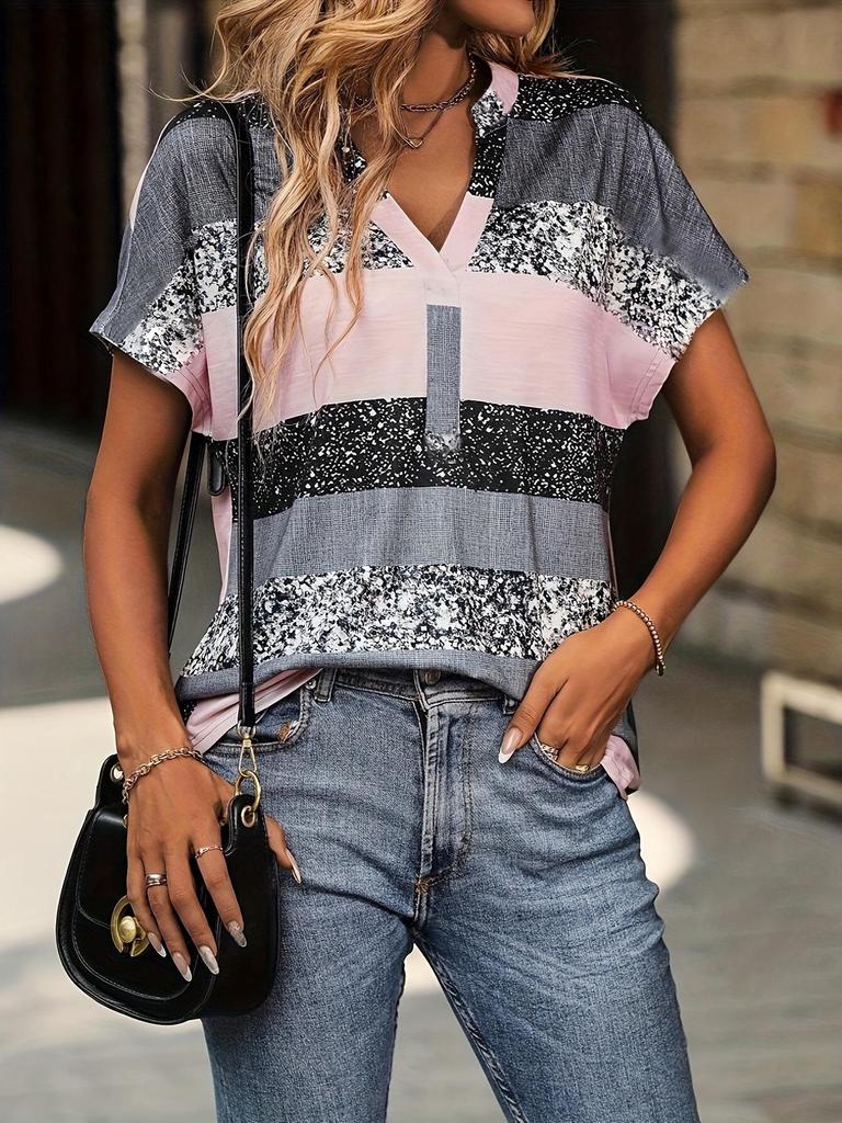 Women's Summer Striped V-Neck 3D Print Casual Short-Sleeve T-Shirt