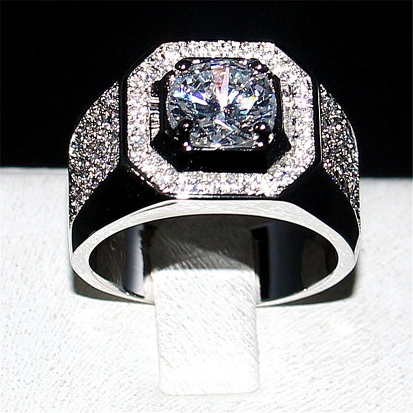 Luxury 925 Sterling Silver Round 2ct Simulated Diamond Engagement Wedding Rings for Men Boy White Sapphire Gemstone Jewelry