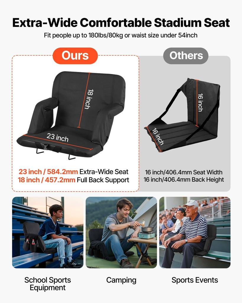 Stadium Seat, 6 Adjustable Angle Bleacher Chair, 73.66mm Cushion Stadium Seat with Back Support and Armrest, Wide Bleacher Chair with Hook Pocket