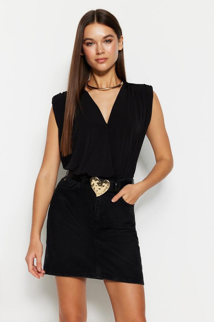 Women's Fashion New Bodysuit Emerald Padded Double Breasted Collar Flexible Snap Fastener Knitted Bodysuit