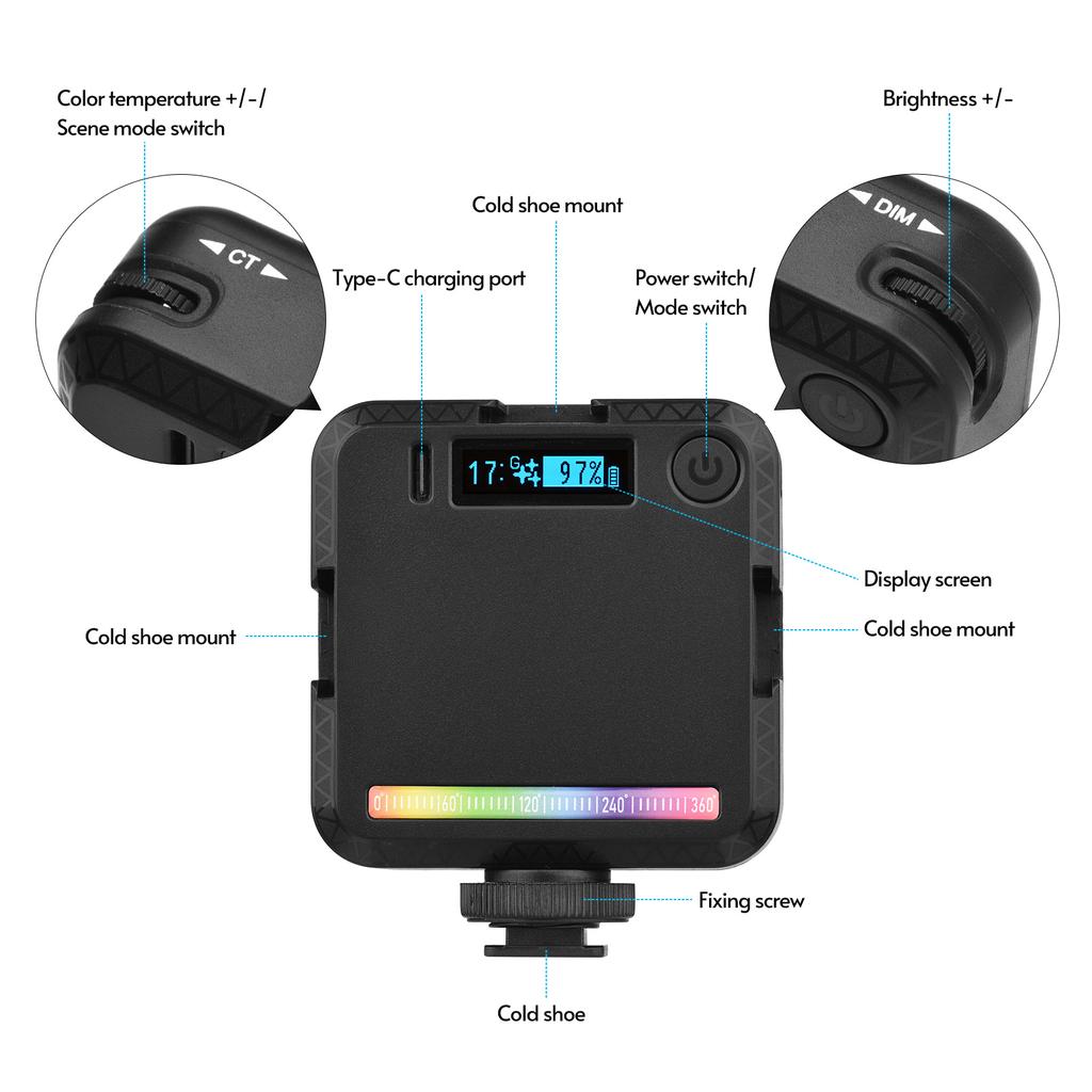 Портативный мини-светодиодный видеосветильник RGB с двухцветной температурой 2500K-9000K с регулировкой яркости