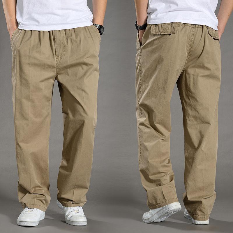 Mens Casual Cargo Cotton Pants Men Pocket Loose Straight Pant Elastic Work Trousers Brand Fit Joggers Male Super Large Size