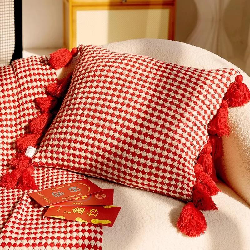 Домашнее украшение Вязание Чехол для подушки Мятно-зеленый наволочка с кисточками Современный диван Гостиная Подушка для талии Подушка для головы Круглая подушка для кровати