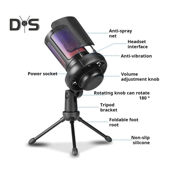 Gaming Microphone with Tripod Stand Noise Reduction RGB Breathing Light Design Gain Control Plug-Play Universal USB Microphone