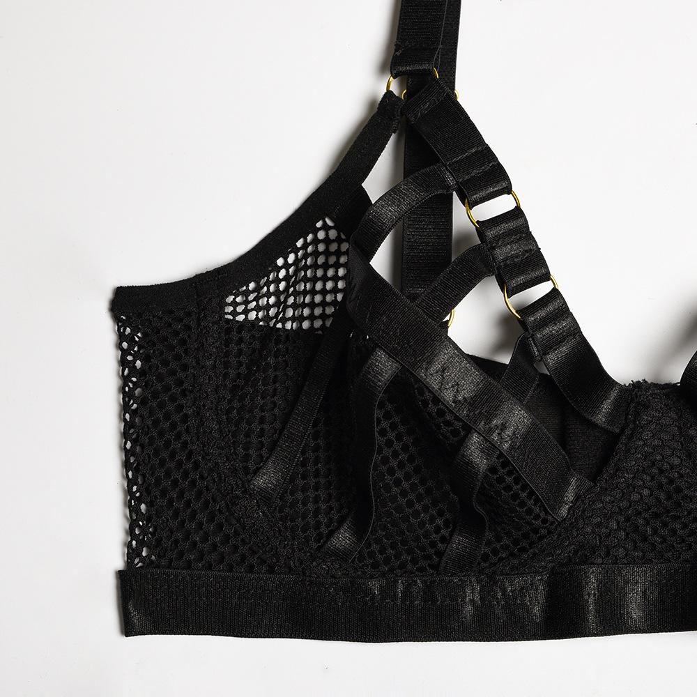 Aduloty Женское сексуальное нижнее белье на косточках, бюстгальтер пуш-ап, гламурный черный сетчатый вырез, новое эротическое белье, комплект стрингов с подвязками на ногу