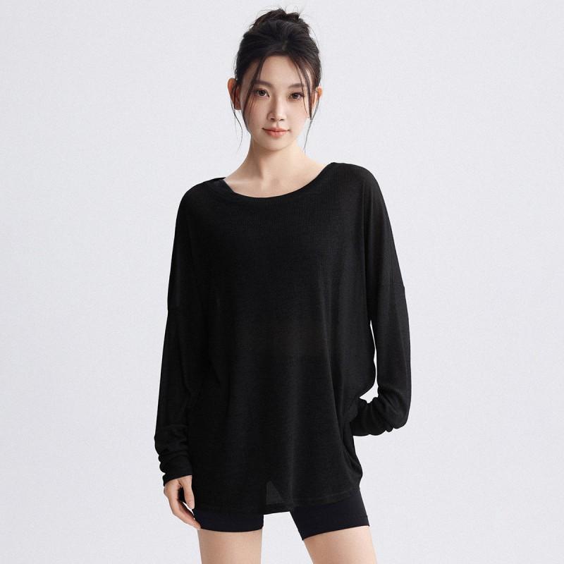 Womens Loose Long Sleeve Yoga Top With Mesh Overlay - Athletic Wear Pilates Running Fitness