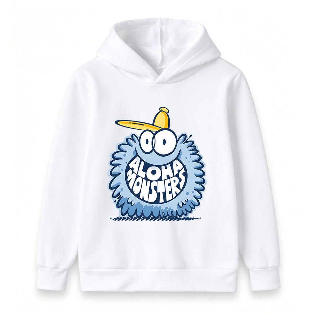 Kids Boys Girls Crewneck Hoodie, Cute Fuzzy Cartoon Monster Aloha Print Casual Long Sleeve Pullover Sweatshirt, Cozy Lightweight Tops For