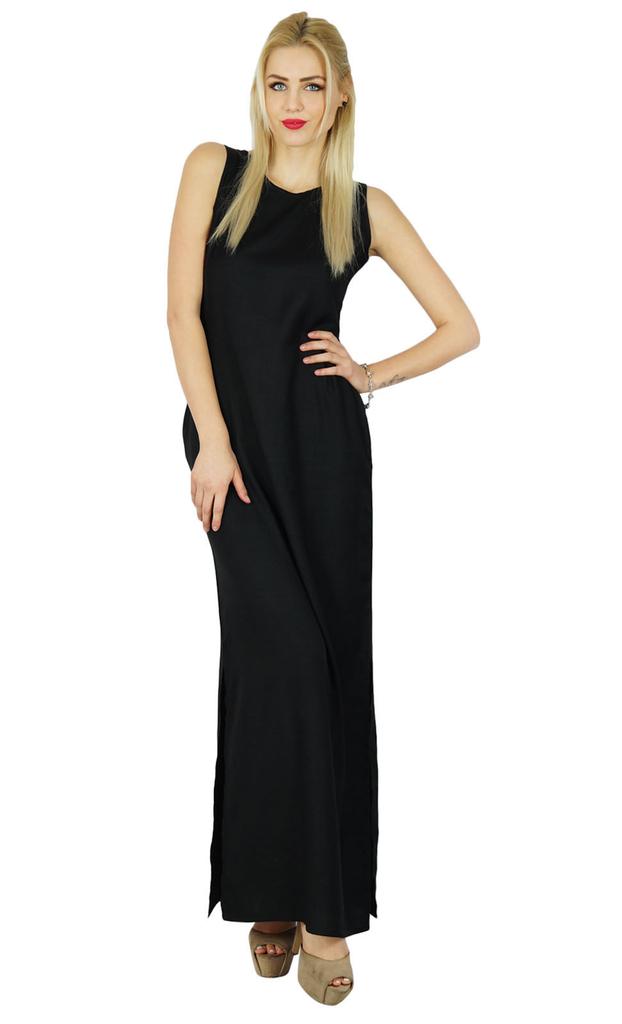 Bimba Women Long Black Maxi Dress Side Slit Casual Wear Comfort Rayon