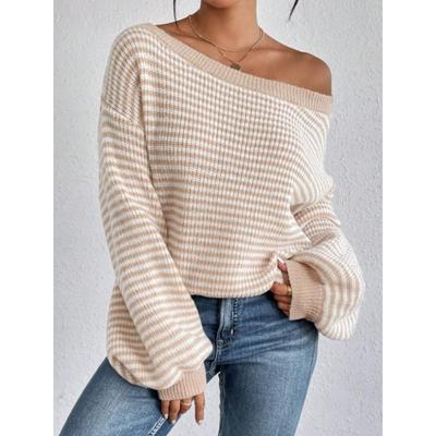 Женская мода повседневная осень-зима полосатый принт длинный рукав одно плечо свитера