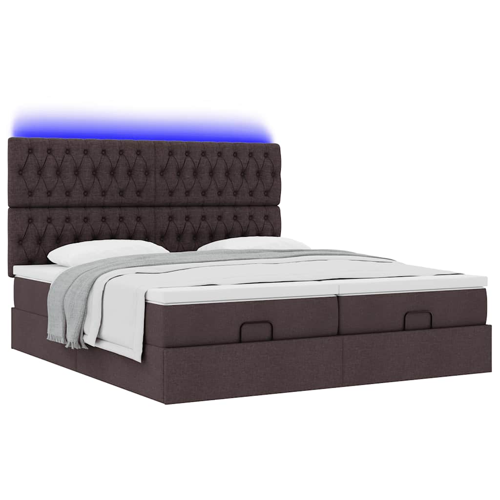 Enjoy restful nights with this Ottoman bed set including mattresses and LED lighting dark brown 180 x 200 cm fabric