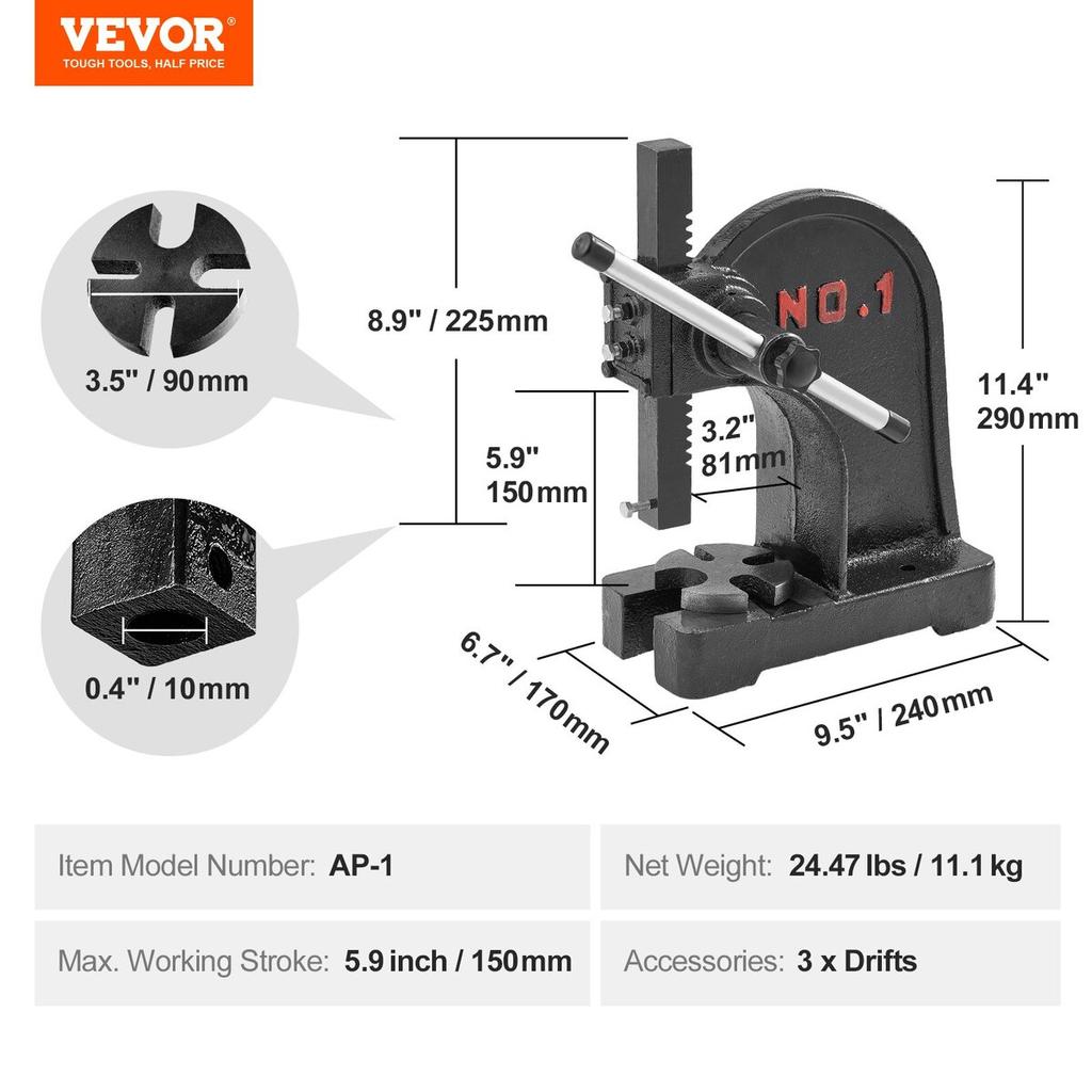Arbor Press, 1 Ton Manual Arbor Press, 5.9" Maximum Height, Cast Iron Heavy-duty Manual Desktop Arbor Press, Precision Hand Press for Stamping,