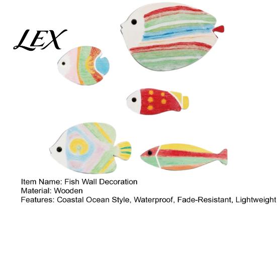 Fish Wall Decoration 5Pcs Wooden Decor, Rainbow Striped Tropical Ornaments with 3D Rental Friendly Art Embossed Texture, Lightweight Coastal Hangings