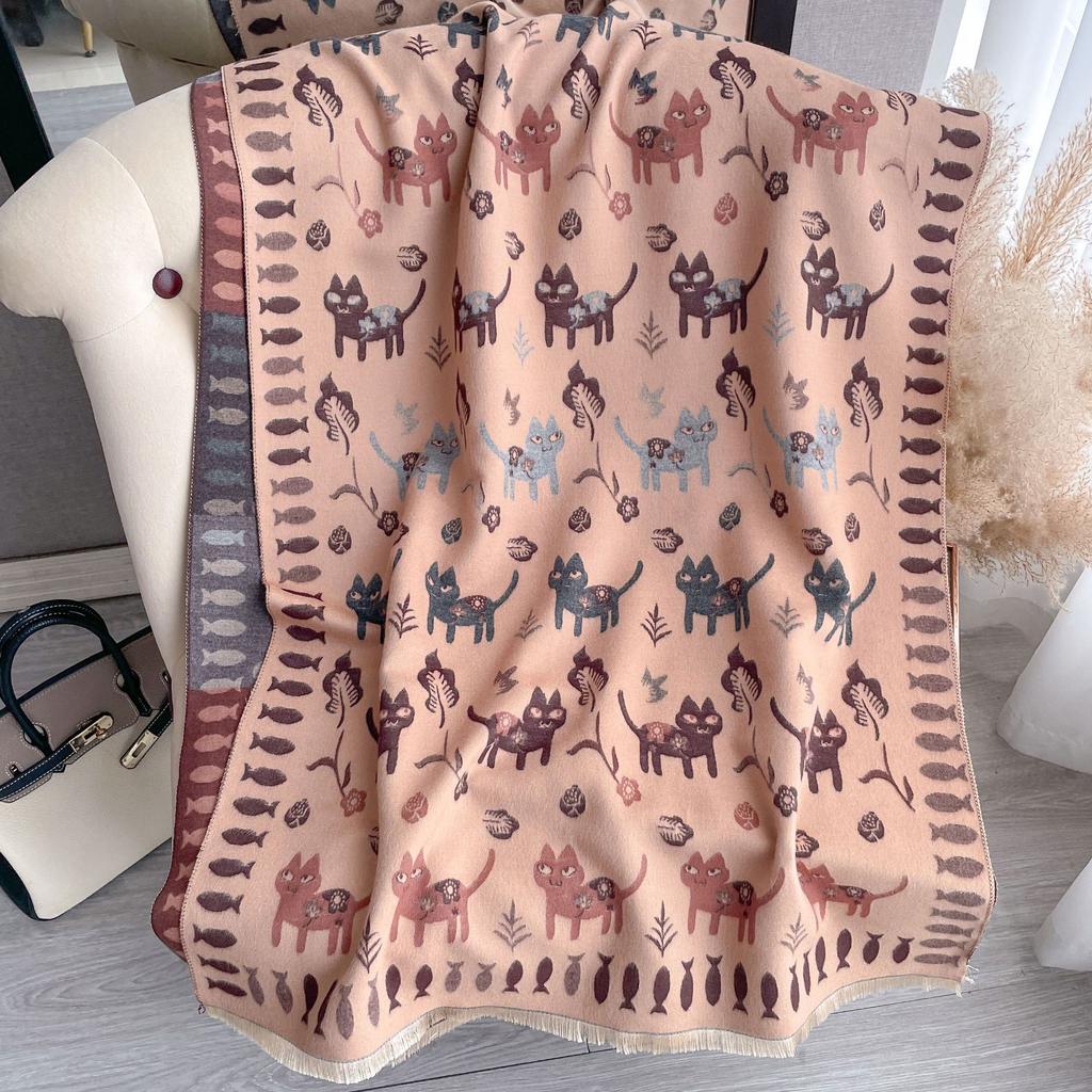 Autumn And Winter Ladies Cute Animals Cat Big Shawl Imitation Cashmere Thickened Warm Versatile Scarf To Keep Out The Cold