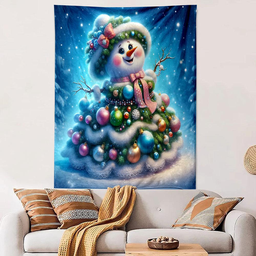 Snowman in Christmas Tree Dress Patterned Tapestry Decorative Wall Hanging, Home Bedroom Living Room Decor
