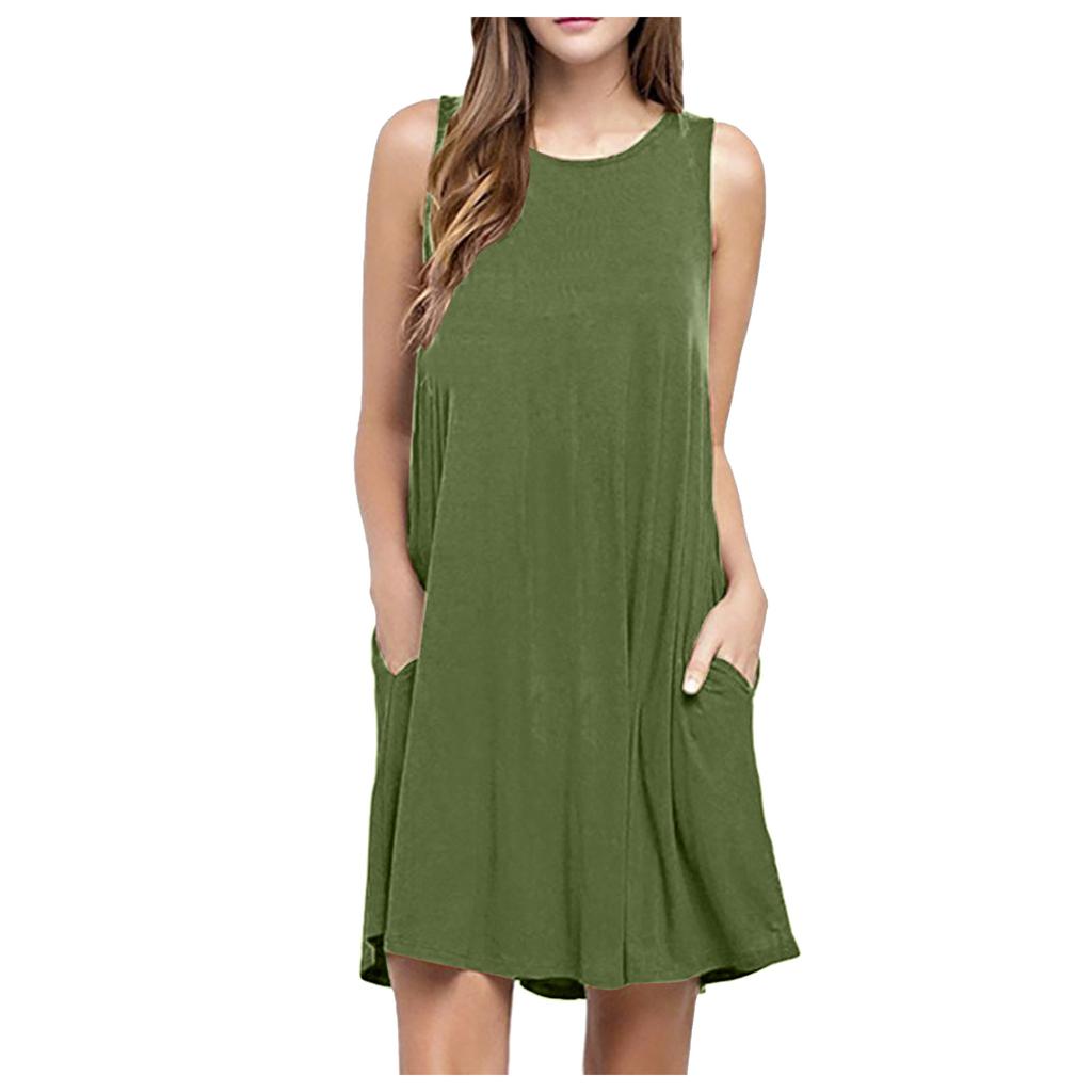 Women  Casual Pockets Sleeveless Above Knee Dress Loose Party Dress