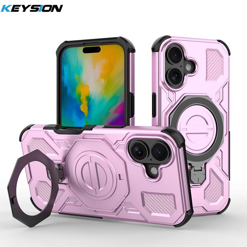 KEYSION Противоударный магнитный чехол для iPhone 16 Pro Max с вертикальной металлической подставкой-кольцом для просмотра в реальном времени, чехол для телефона для iPhone 15 Pro Max