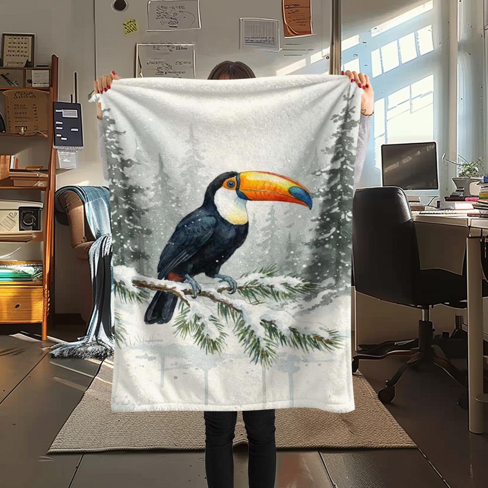 1PC Seasonal Toucan Art Print FlAannel Blanket, High quality Comfortable for All Seasons, Home Decor, Warmth and Comfort