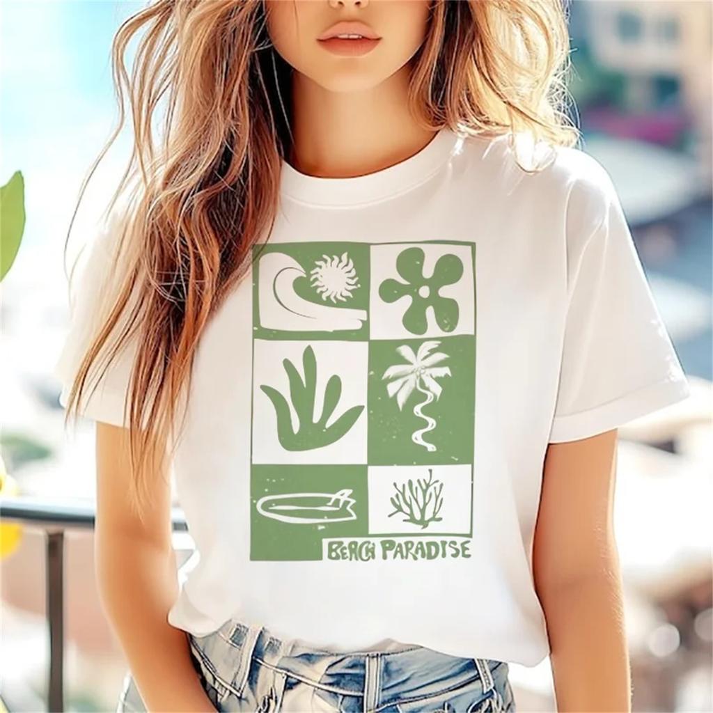 Clothing O-Neck Style Pattern Travel Ladies 90s Cute T-Shirt Summer Print Fashion Vacation Ladies Short Sleeved Top T-Shirt