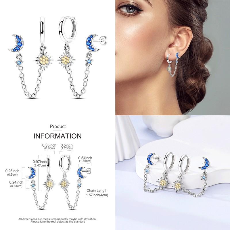 Original 100% 925 Silver Geometric Sun Moon And Stars Tassel Women's Earrings Party Anniversary Gift