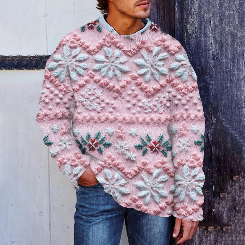 Мужской рождественский принт, искусственный свитер, толстовка с круглым вырезом, свободный топ с длинными рукавами