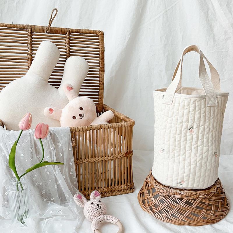 Baby Bottle Storage Bag Pure Cotton Bucket Shape Cute Embroidery Diaper Caddy Organizer for