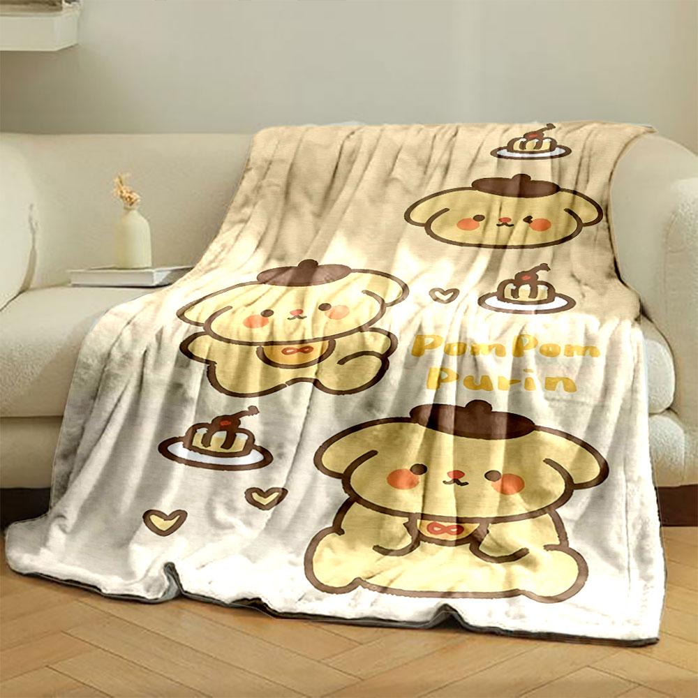 Cartoon dog in a beret with pudding, hearts, and "Pompom Purin" text. for all seasons blanket lunch break throw gift