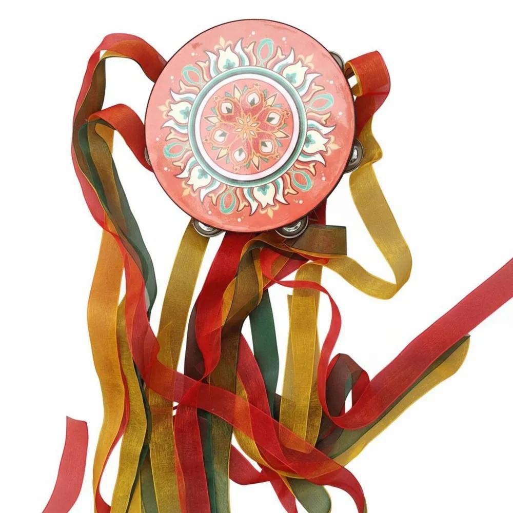 Chinese tambourine with ribbons, musical instrument for dancing, light drum for adults, props for photography, diameter 15.2 cm.