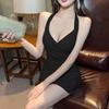 Sexy Backless Mesh Tie-Up Mini Bodycon Dress V-Neck Sleeveless Solid Color Short Party Women
