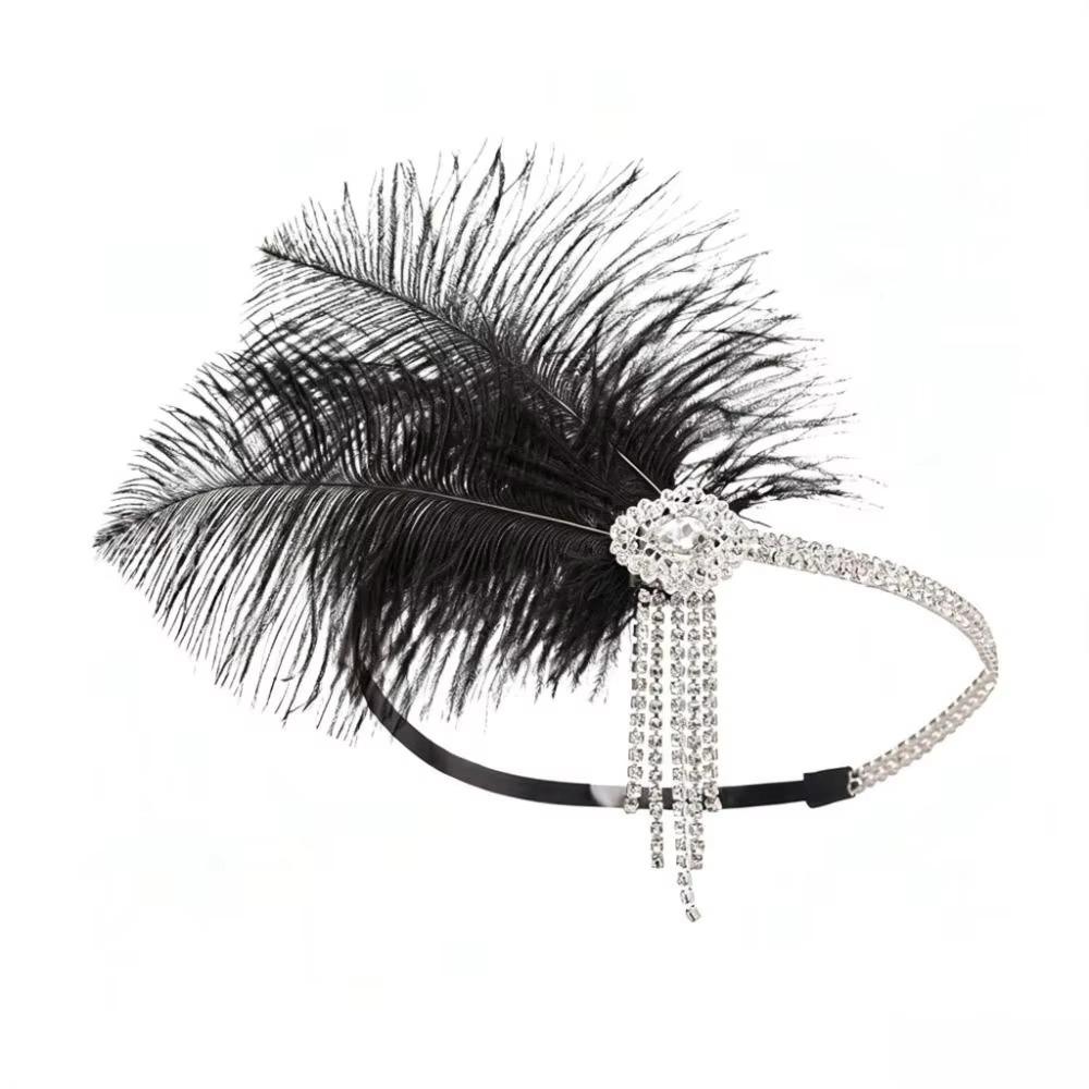 Rhinestone Glistening Feather Headband with Tassel Hair Band Vintage 1920s Headband Party