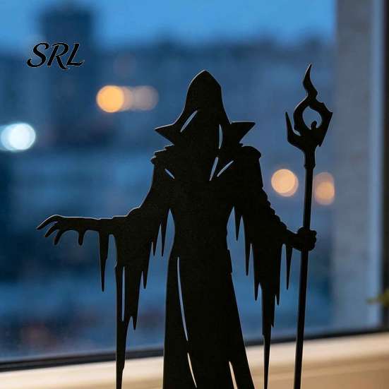 Dark Wizard Silhouette Ornament Wooden Gothic for Halloween Tabletop Decoration, Black Creative Table Centerpiece Witch Statue with Scepter Home Party