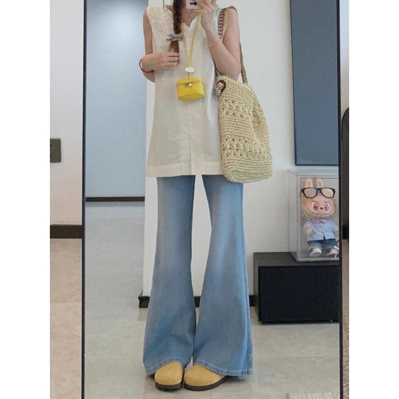 Light Blue Tencel Skinny Denim Women's Summer Thin Fat Sister mm High Waist Slim Looking without Leg Sticking Ice Silk Bell-Bottom Pants