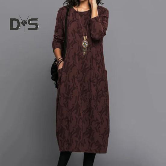 Женское платье весна-осень с круглым вырезом, длинными рукавами и боковыми карманами, свободное платье-миди длиной до середины икры с цветочным принтом для повседневной носки и поездок на работу