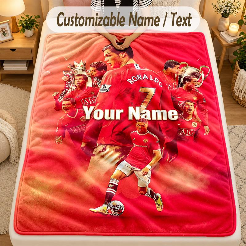 Flannel BlanketCristiano Ronaldo Custom Name Text Personalized Soft Warm Throw Blanket Home Decor Gift